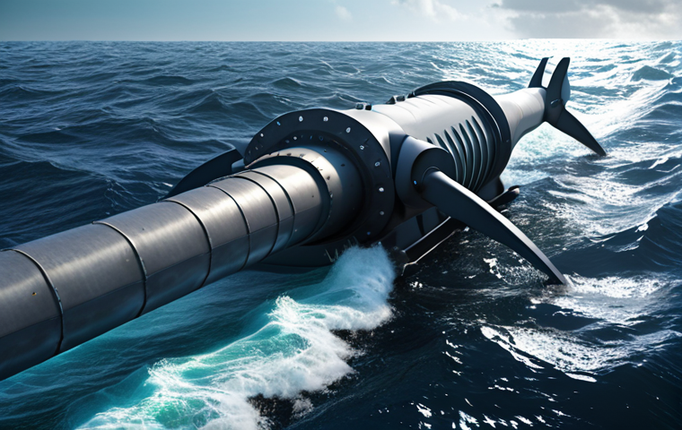 **
"Massive underwater tidal turbine installation, powerful ocean currents, generating electricity, renewable energy, marine environment, realistic."
**