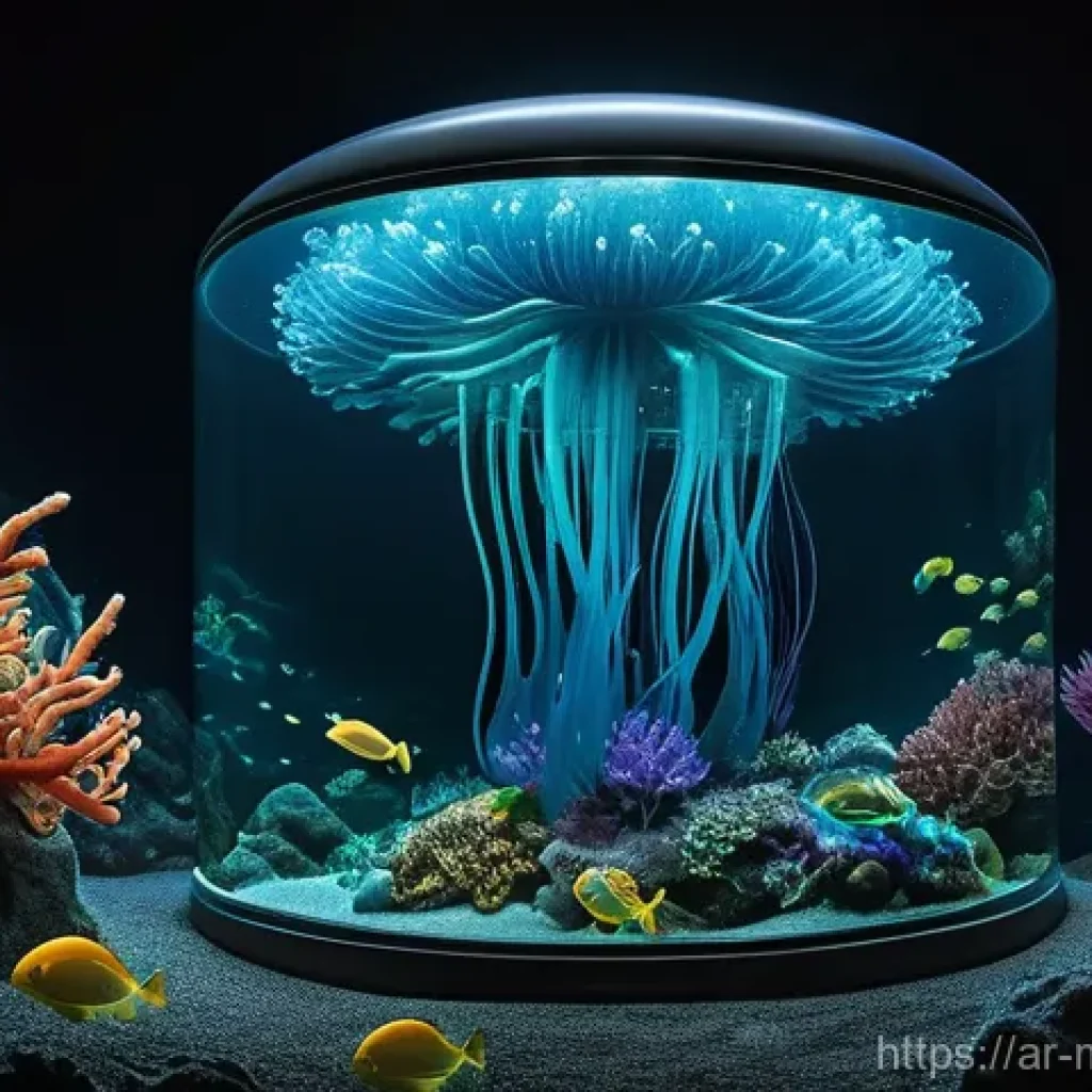 해양바이오자원 - **Prompt:** A futuristic, sleek deep-sea submersible, glowing faintly with advanced lights, explorin...