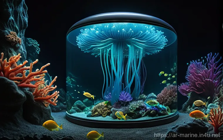 해양바이오자원 - **Prompt:** A futuristic, sleek deep-sea submersible, glowing faintly with advanced lights, explorin...