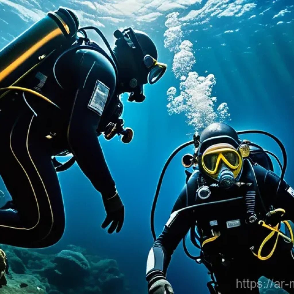 해양석유 및 가스 개발 - "A highly detailed, cinematic image of a team of professional deep-sea divers, fully encased in robu...