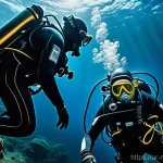 해양석유 및 가스 개발 - "A highly detailed, cinematic image of a team of professional deep-sea divers, fully encased in robu...