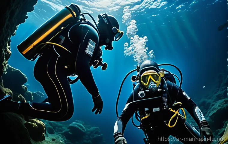 해양석유 및 가스 개발 - "A highly detailed, cinematic image of a team of professional deep-sea divers, fully encased in robu...