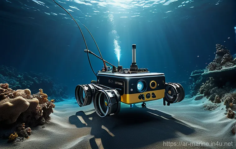 해양자원 탐사 기술 - **Prompt: Deep-Sea Robotic Exploration of Mineral-Rich Seafloor**
A highly advanced, sleek auton...