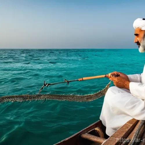 Home 1 해양자원 개발의 지속 가능성 - **Prompt 1: A Middle Eastern fisherman practicing sustainable methods in the Arabian Gulf.**
A w...